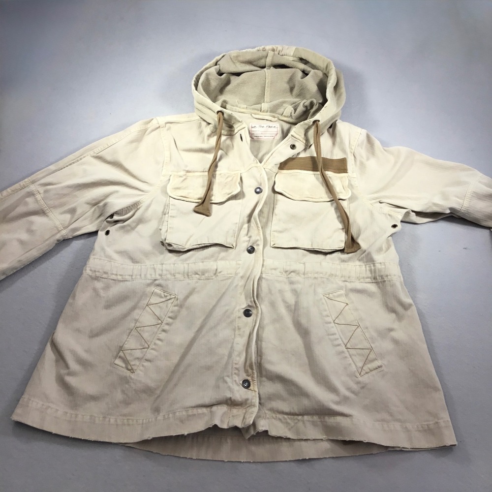 We The Free People Cream Utility Hooded Jacket Herringbone Cargo Field Coat L